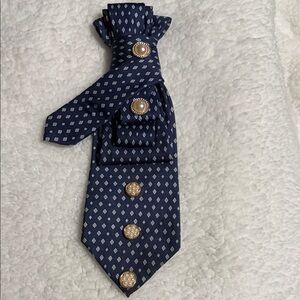 Classic Navy Patterned Tie with Gold and Pearl Accents